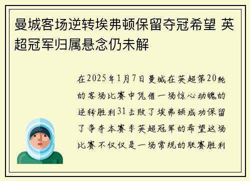 曼城客场逆转埃弗顿保留夺冠希望 英超冠军归属悬念仍未解