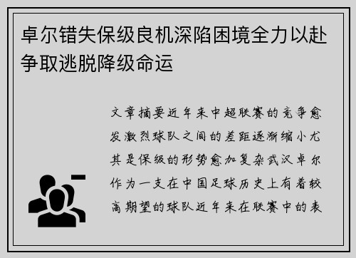 卓尔错失保级良机深陷困境全力以赴争取逃脱降级命运