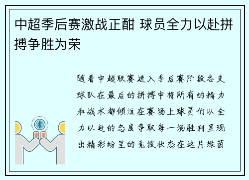 中超季后赛激战正酣 球员全力以赴拼搏争胜为荣