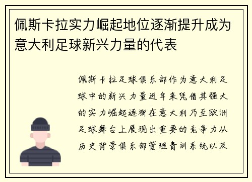 佩斯卡拉实力崛起地位逐渐提升成为意大利足球新兴力量的代表