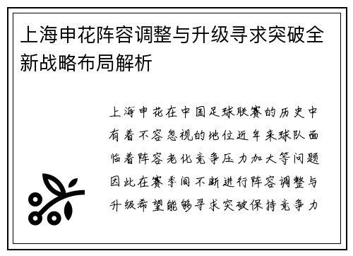 上海申花阵容调整与升级寻求突破全新战略布局解析