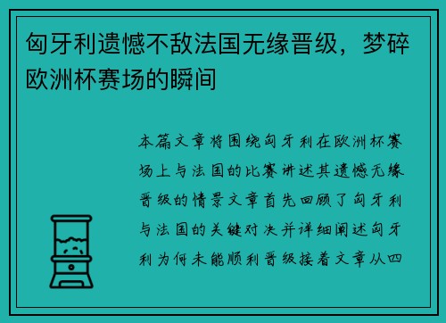 匈牙利遗憾不敌法国无缘晋级，梦碎欧洲杯赛场的瞬间