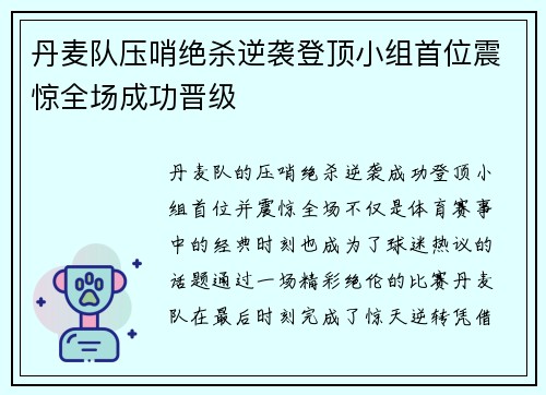 丹麦队压哨绝杀逆袭登顶小组首位震惊全场成功晋级